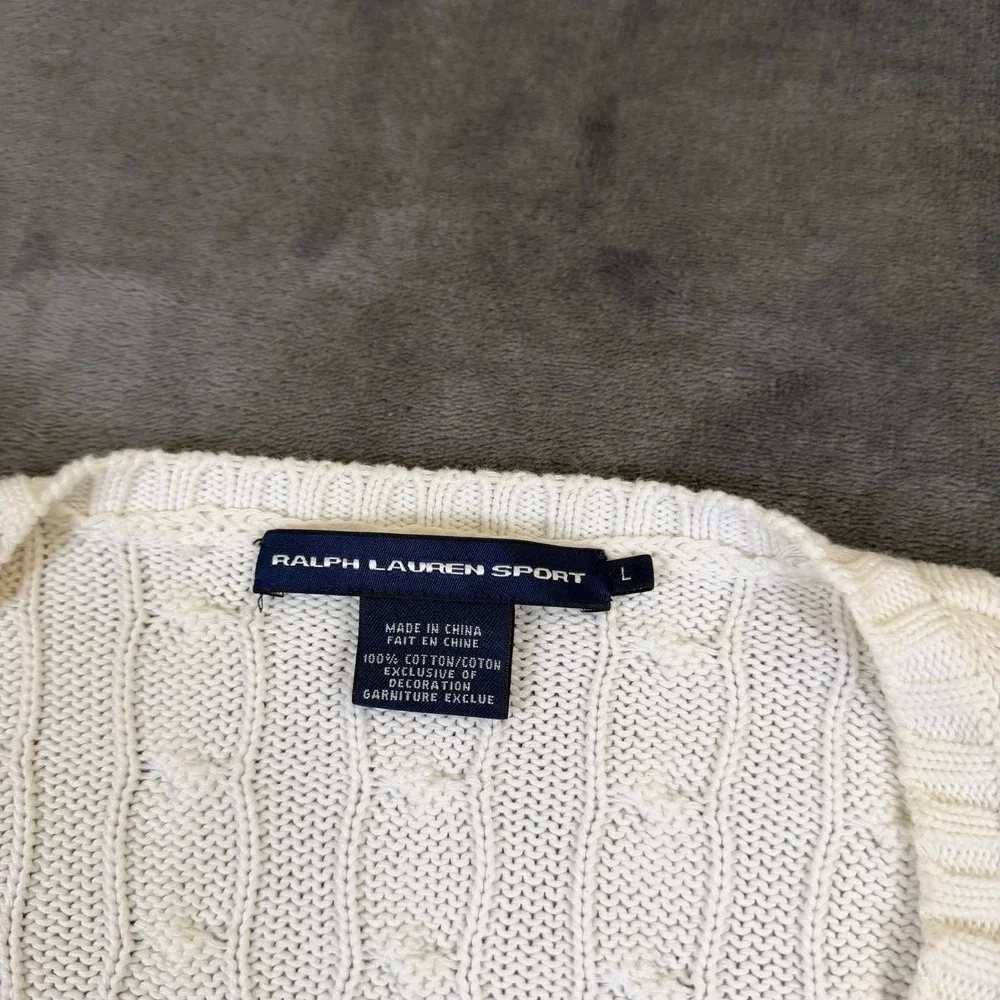 Ralph Lauren Sport Cable Knit Sweater Womens Large White V Neck Cotton - Picture 2 of 9